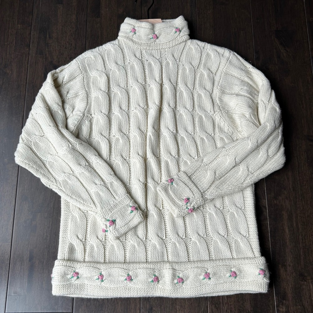 Vintage LeRoy‎ Cable Knitwear Sweater Cream Floral Embroidered Womens XL